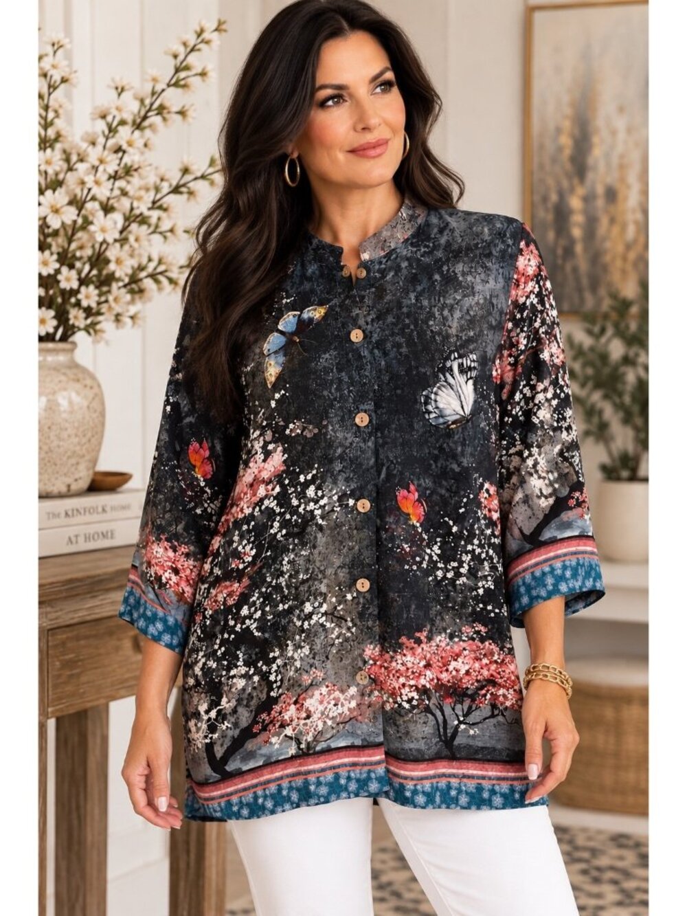 Citron Santa Monica Plus OX Blouse Butterfly Floral Asian Art to Wear Mandarin